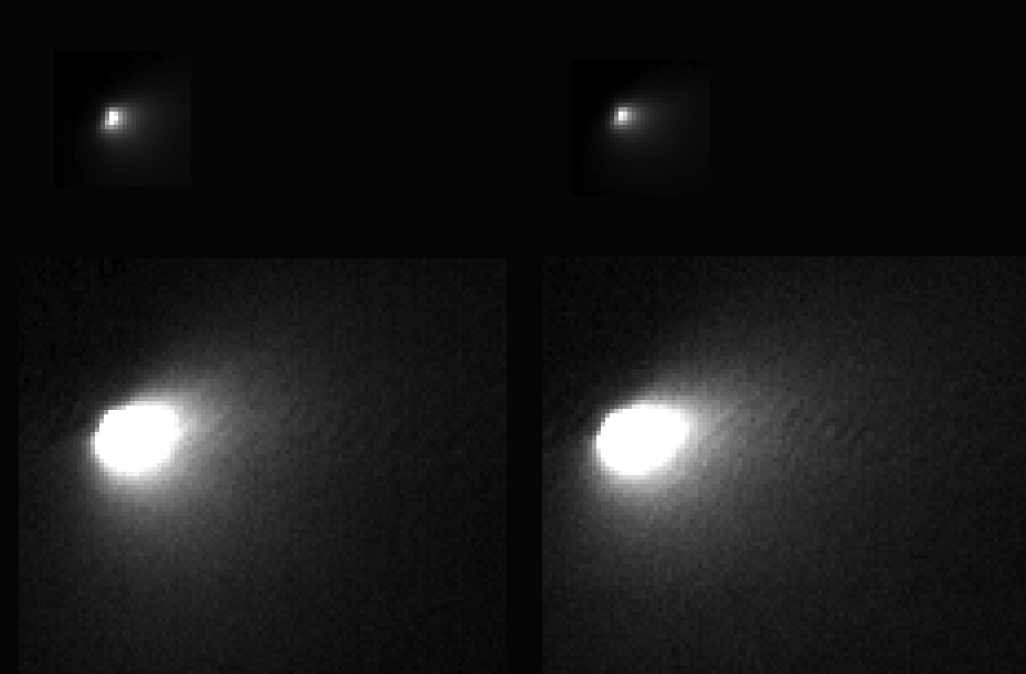 На верхних изображениях показано ядро и внутренняя кома кометы, а на нижних внешняя кома и хвост кометы. Источник: NASA/JPL/University of Arizona 
