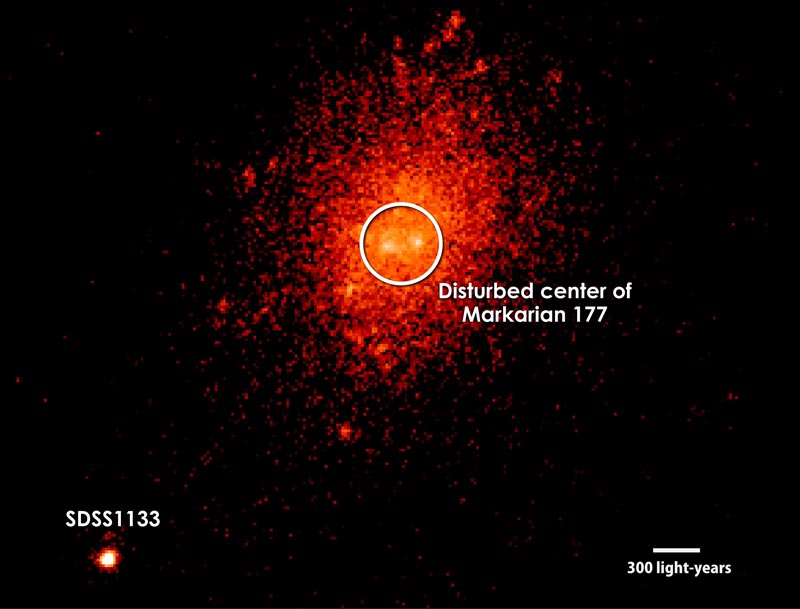 Изображение Markarian 177 в ИК спектре. Яркие точки в центре галактики - свидетельство процессов активного звездообразования. Источник: Credit: W. M. Keck Observatory/M. Koss (ETH Zurich) et al.